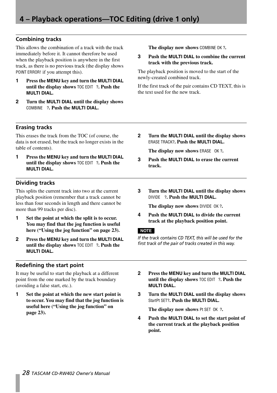 Combining tracks, Erasing tracks, Dividing tracks | Redefining the start point, 4 – playback operations—toc editing (drive 1 only) | Tascam CD-RW402 User Manual | Page 28 / 56