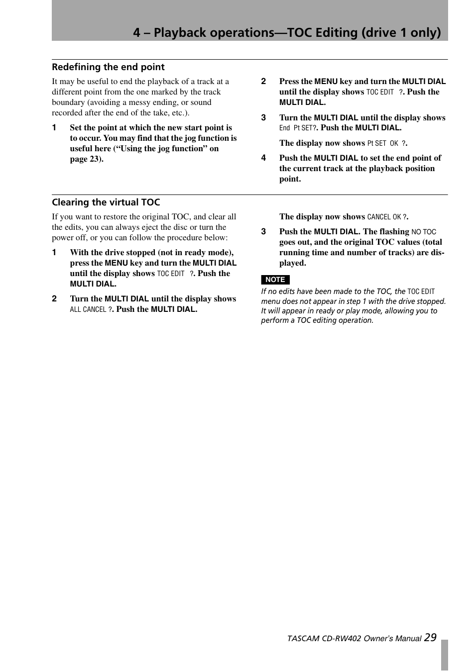 Redefining the end point, Clearing the virtual toc, Redefining the end point clearing the virtual toc | 4 – playback operations—toc editing (drive 1 only) | Tascam CD-RW402 User Manual | Page 29 / 56