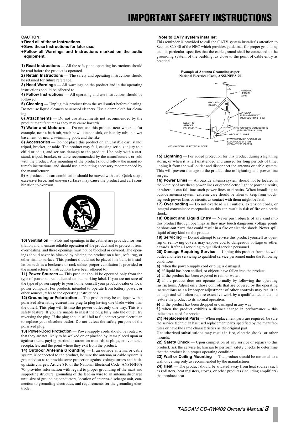 Important safety instructions, Tascam cd-rw402 owner’s manual | Tascam CD-RW402 User Manual | Page 3 / 56