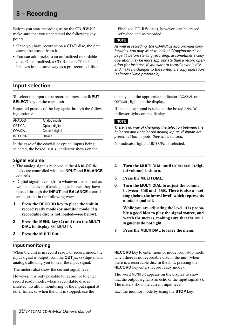 5 – recording, Input selection, Signal volume | Input monitoring, Signal volume input monitoring | Tascam CD-RW402 User Manual | Page 30 / 56