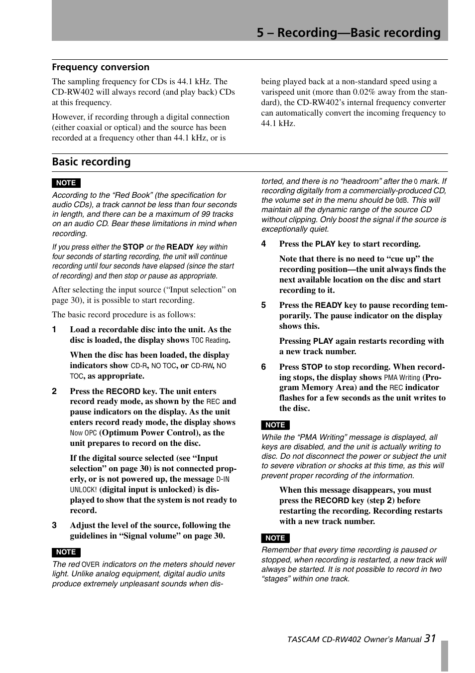 Frequency conversion, Basic recording, 5 – recording—basic recording | Tascam CD-RW402 User Manual | Page 31 / 56