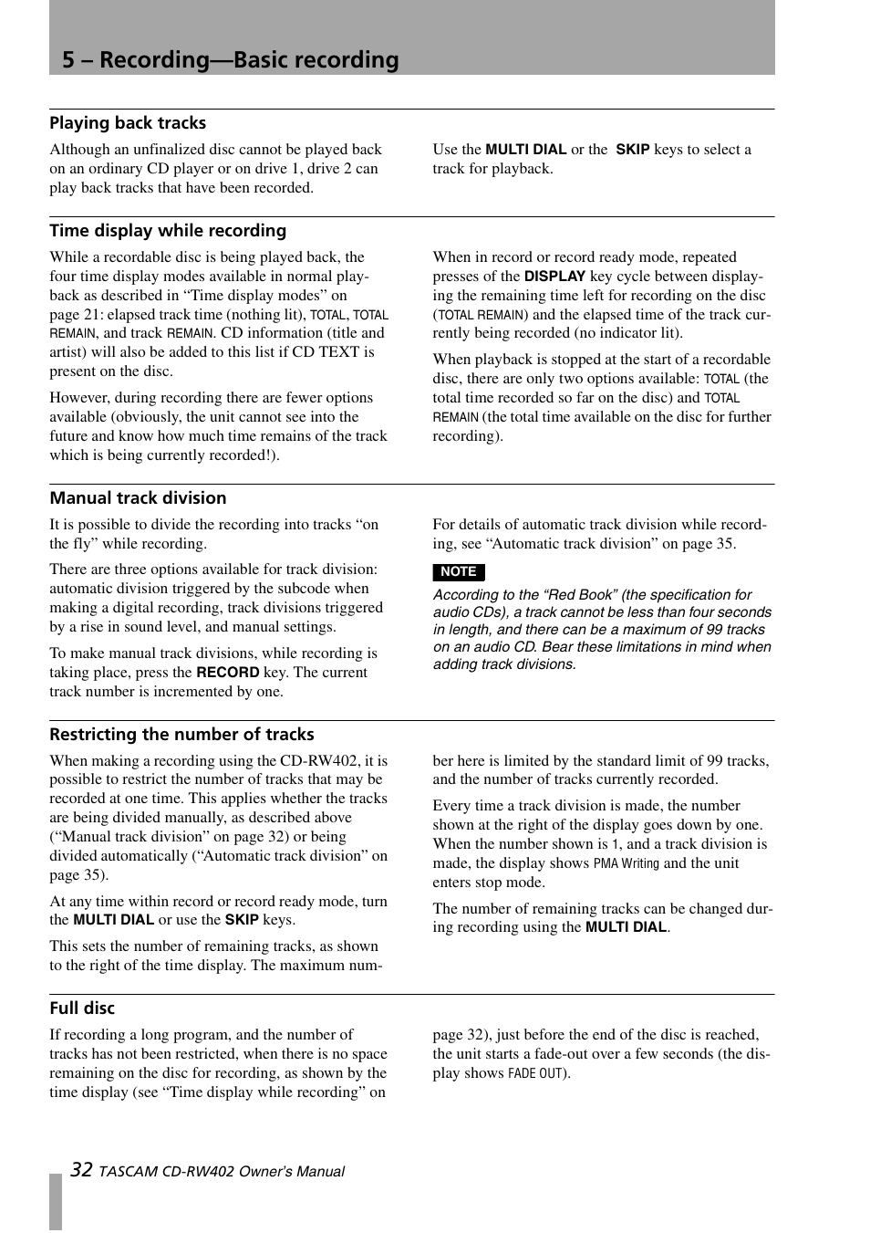 Playing back tracks, Time display while recording, Manual track division | Restricting the number of tracks, Full disc, 5 – recording—basic recording | Tascam CD-RW402 User Manual | Page 32 / 56