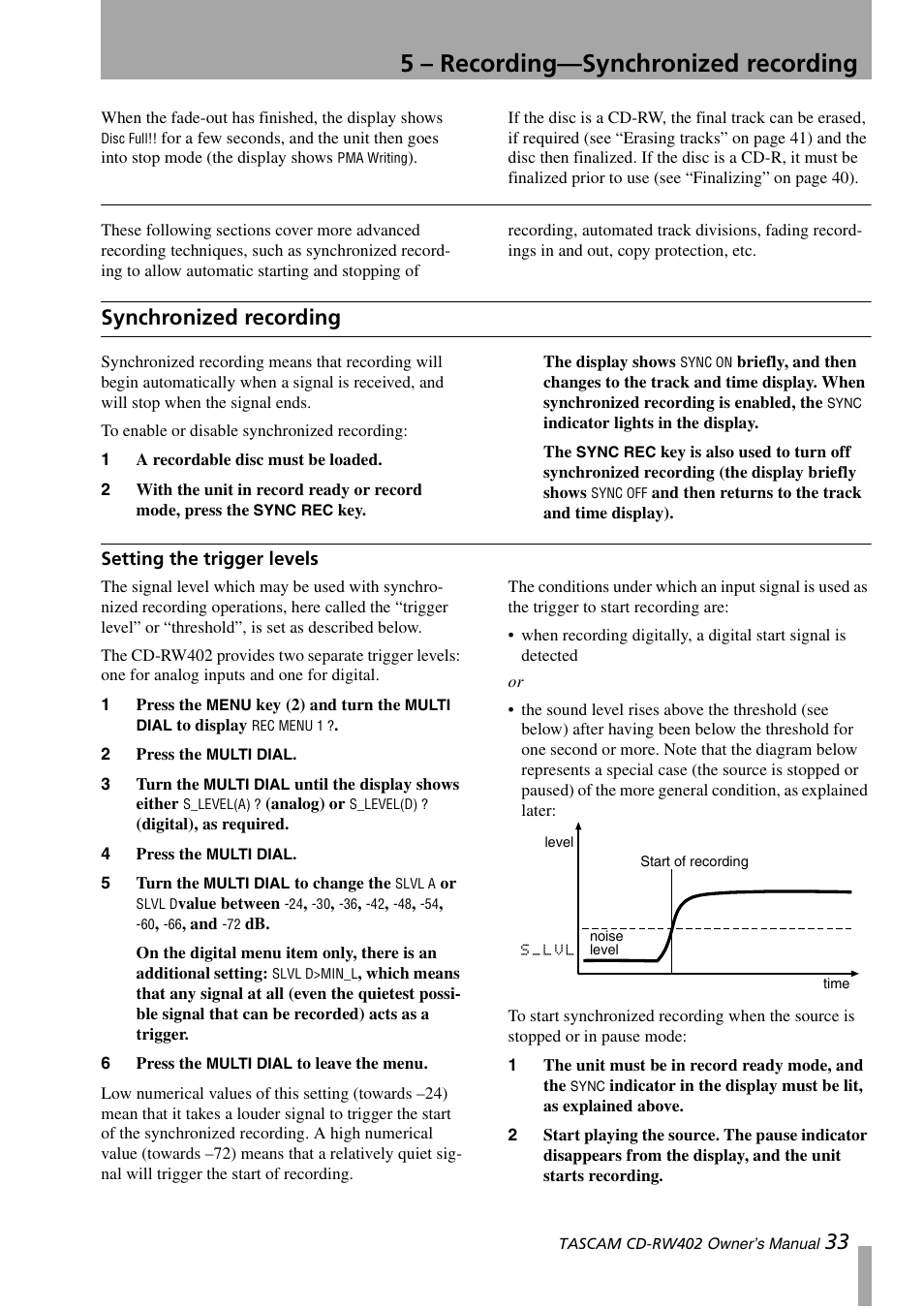 Synchronized recording, Setting the trigger levels, 5 – recording—synchronized recording | Tascam CD-RW402 User Manual | Page 33 / 56