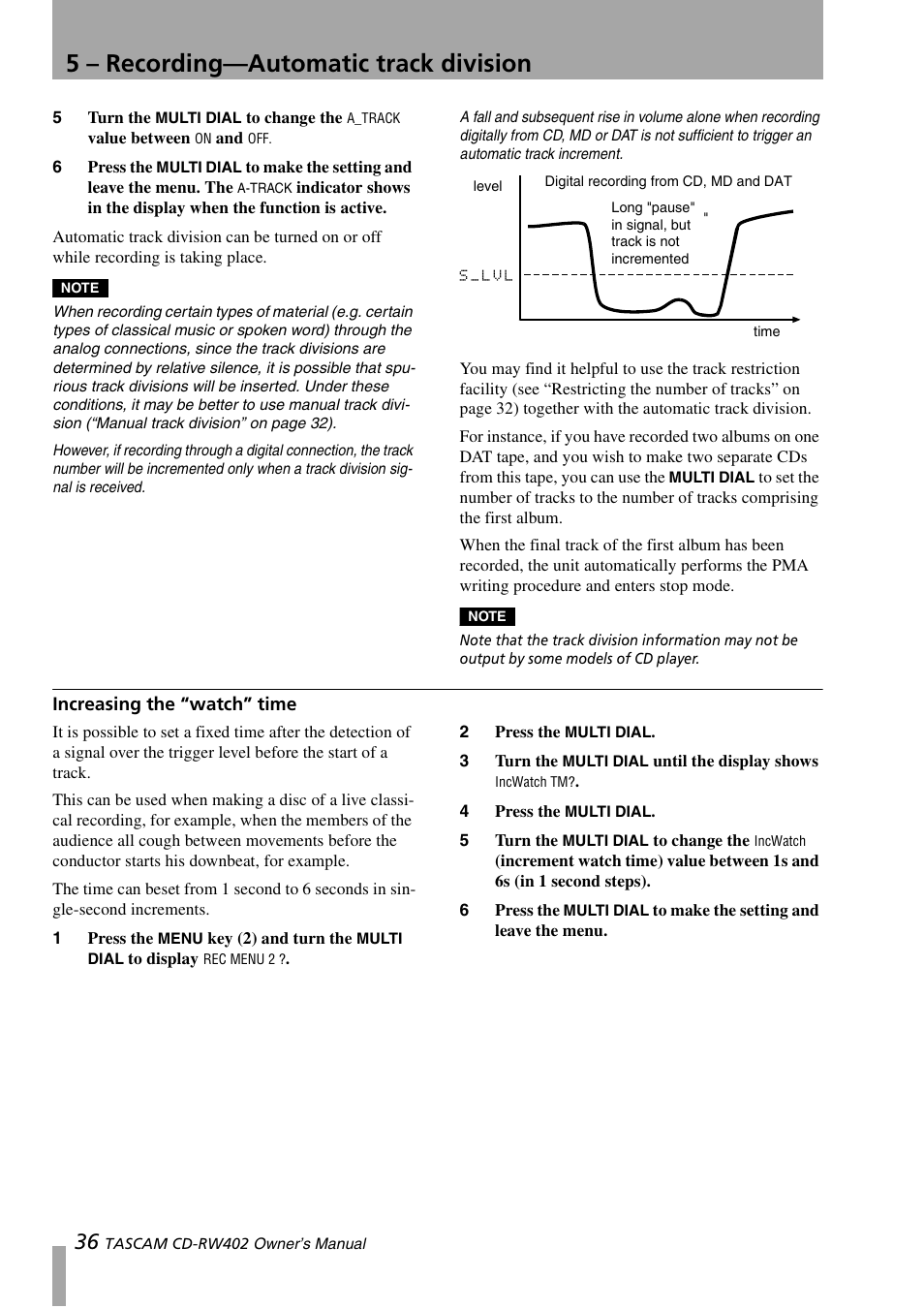 Increasing the “watch” time, 5 – recording—automatic track division | Tascam CD-RW402 User Manual | Page 36 / 56