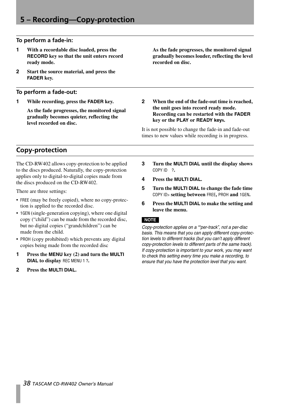 To perform a fade-in, To perform a fade-out, Copy-protection | To perform a fade-in: to perform a fade-out, 5 – recording—copy-protection | Tascam CD-RW402 User Manual | Page 38 / 56