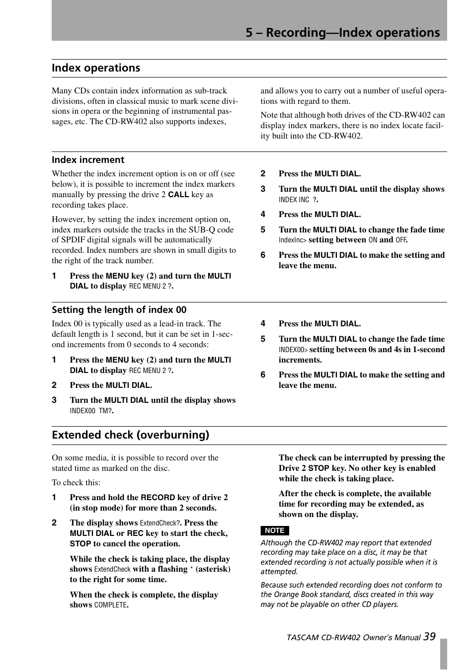 Index operations, Index increment, Setting the length of index 00 | Extended check (overburning), Index increment setting the length of index 00, 5 – recording—index operations, 39 index operations | Tascam CD-RW402 User Manual | Page 39 / 56