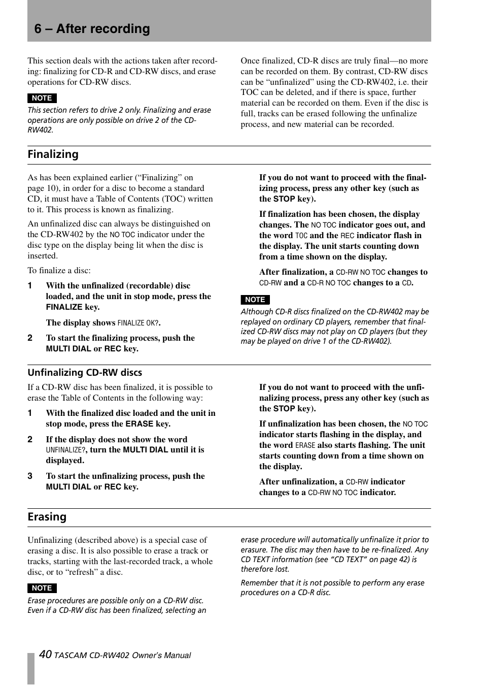 6 – after recording, Finalizing, Unfinalizing cd-rw discs | Erasing | Tascam CD-RW402 User Manual | Page 40 / 56