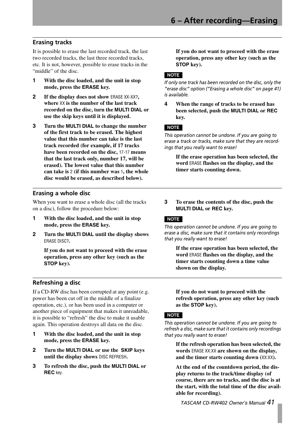 Erasing tracks, Erasing a whole disc, Refreshing a disc | Erasing tracks erasing a whole disc r, 6 – after recording—erasing | Tascam CD-RW402 User Manual | Page 41 / 56