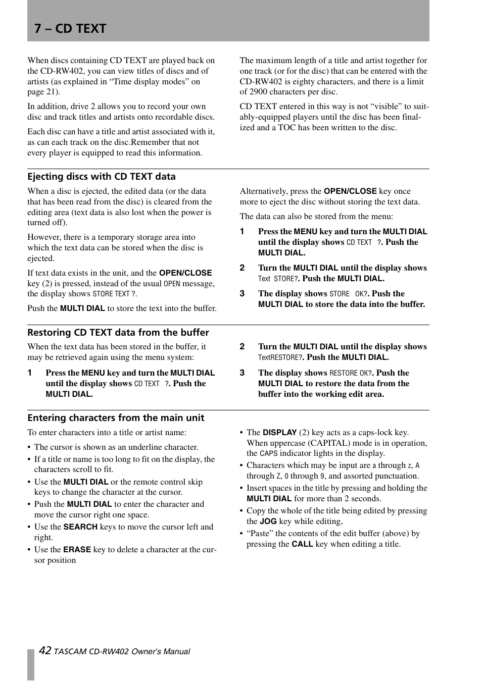 7 – cd text, Ejecting discs with cd text data, Restoring cd text data from the buffer | Entering characters from the main unit | Tascam CD-RW402 User Manual | Page 42 / 56