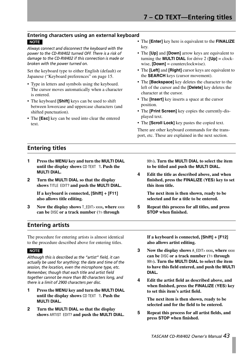 Entering characters using an external keyboard, Entering titles, Entering artists | Entering characters using an external keyboard 43, Entering titles entering artists, 7 – cd text—entering titles | Tascam CD-RW402 User Manual | Page 43 / 56