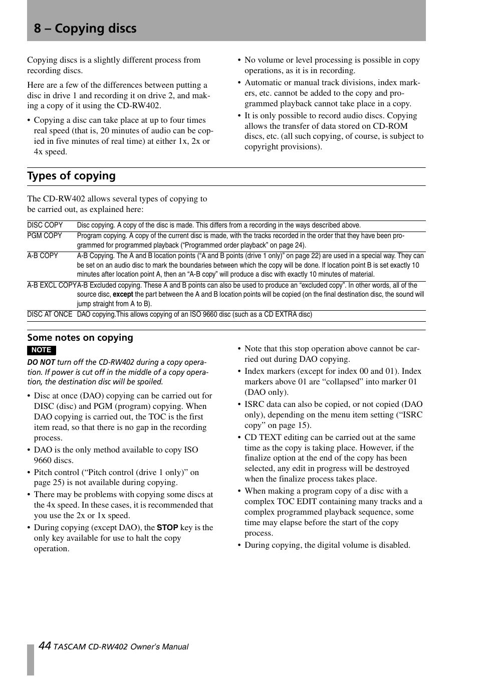 8 – copying discs, Types of copying, Some notes on copying | Tascam CD-RW402 User Manual | Page 44 / 56