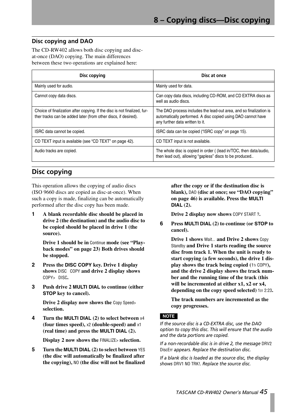 Disc copying and dao, Disc copying, 8 – copying discs—disc copying | Tascam CD-RW402 User Manual | Page 45 / 56