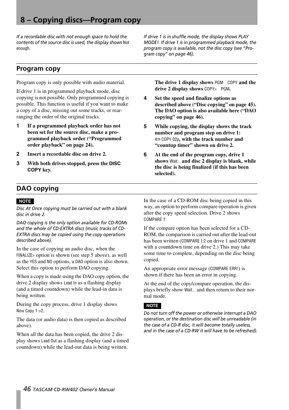 Program copy, Dao copying, Program copy dao copying | 8 – copying discs—program copy | Tascam CD-RW402 User Manual | Page 46 / 56