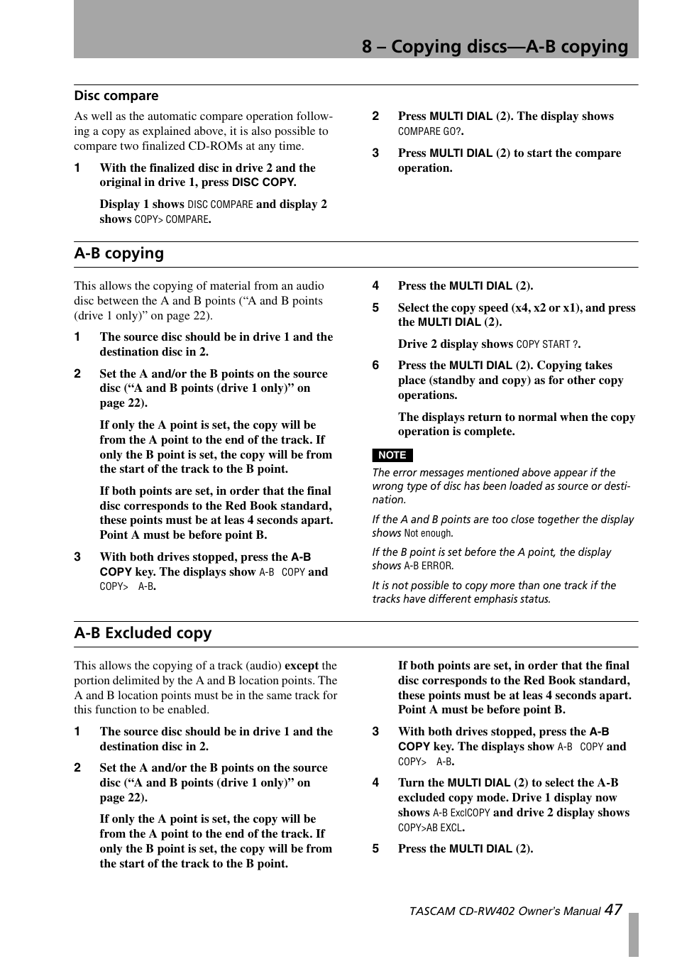 Disc compare, A-b copying, A-b excluded copy | A-b copying a-b excluded copy, 8 – copying discs—a-b copying | Tascam CD-RW402 User Manual | Page 47 / 56