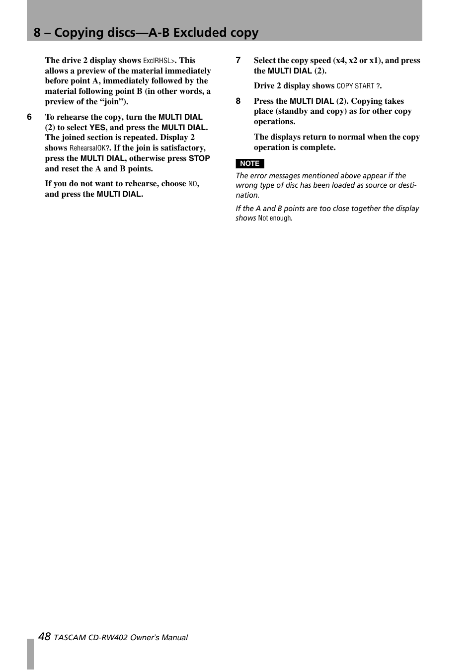 8 – copying discs—a-b excluded copy | Tascam CD-RW402 User Manual | Page 48 / 56