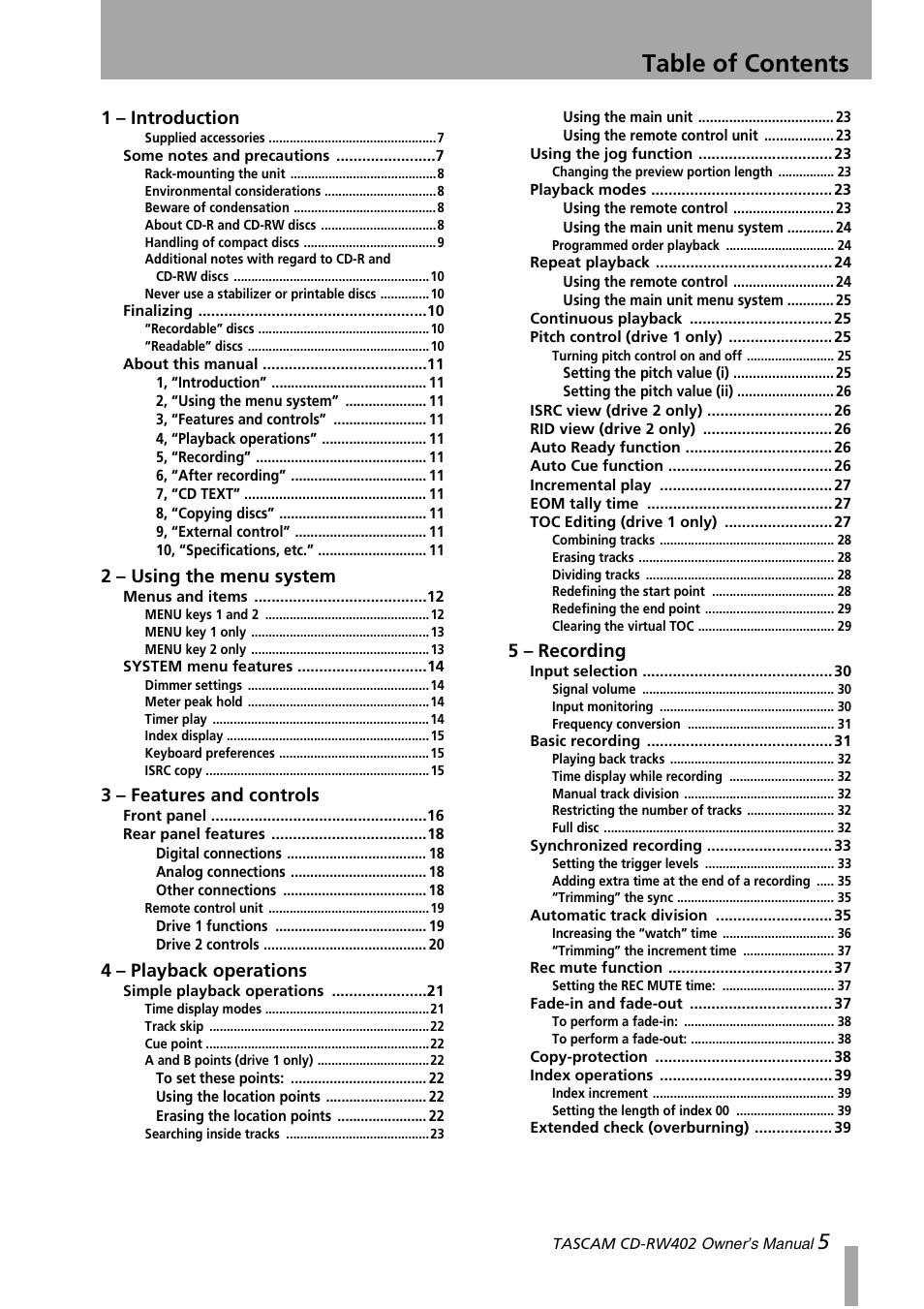 Tascam CD-RW402 User Manual | Page 5 / 56