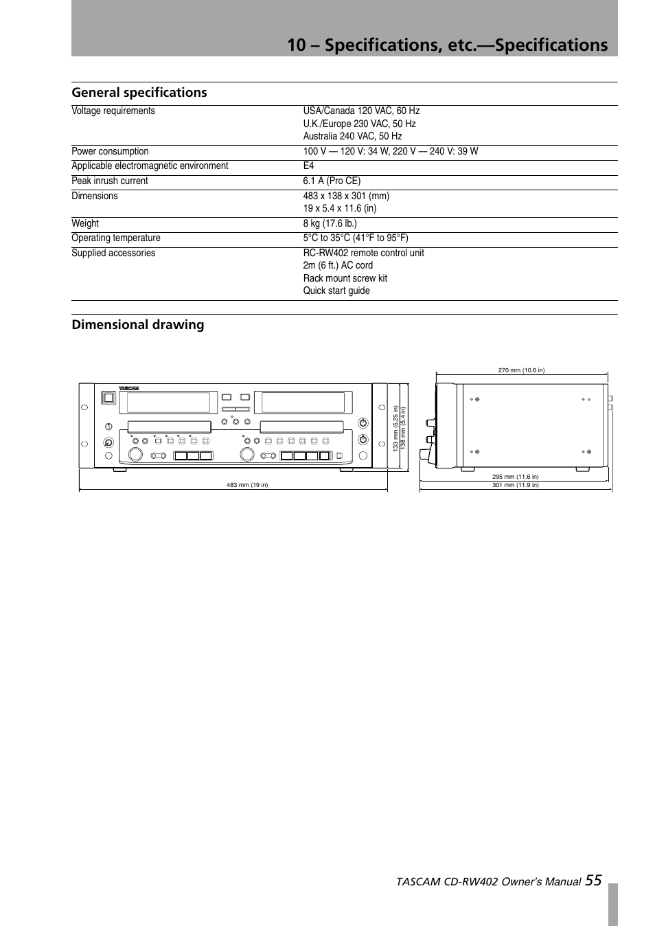 General specifications, Dimensional drawing, General specifications dimensional drawing | 10 – specifications, etc.—specifications | Tascam CD-RW402 User Manual | Page 55 / 56