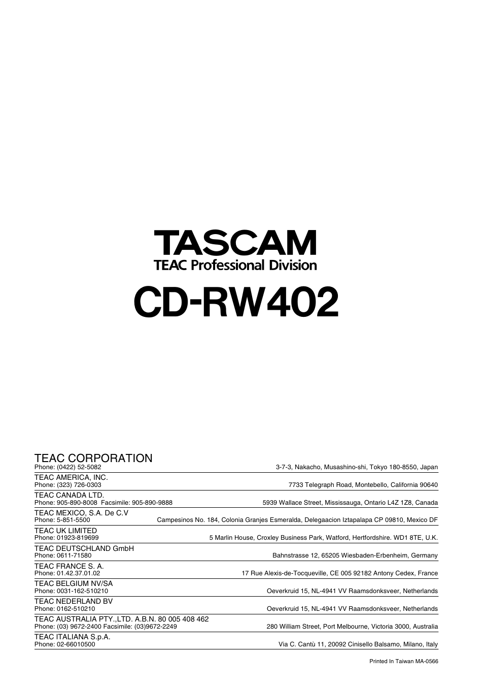 Cd-rw402, Teac corporation | Tascam CD-RW402 User Manual | Page 56 / 56