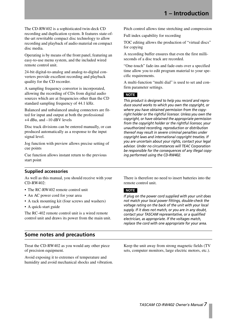 1 – introduction, Supplied accessories, Some notes and precautions | Tascam CD-RW402 User Manual | Page 7 / 56