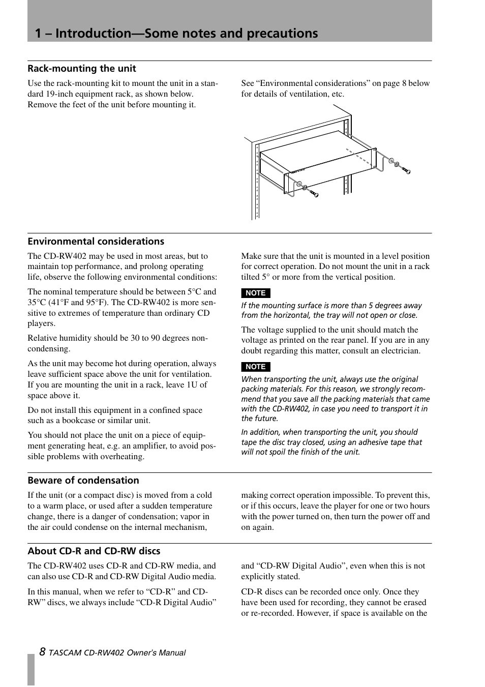 Rack-mounting the unit, Environmental considerations, Beware of condensation | About cd-r and cd-rw discs | Tascam CD-RW402 User Manual | Page 8 / 56