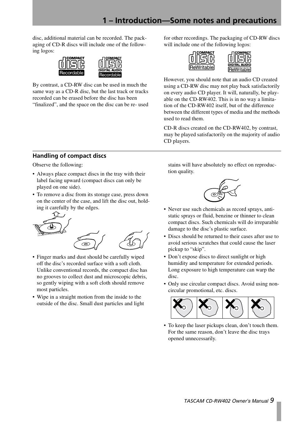 Handling of compact discs | Tascam CD-RW402 User Manual | Page 9 / 56