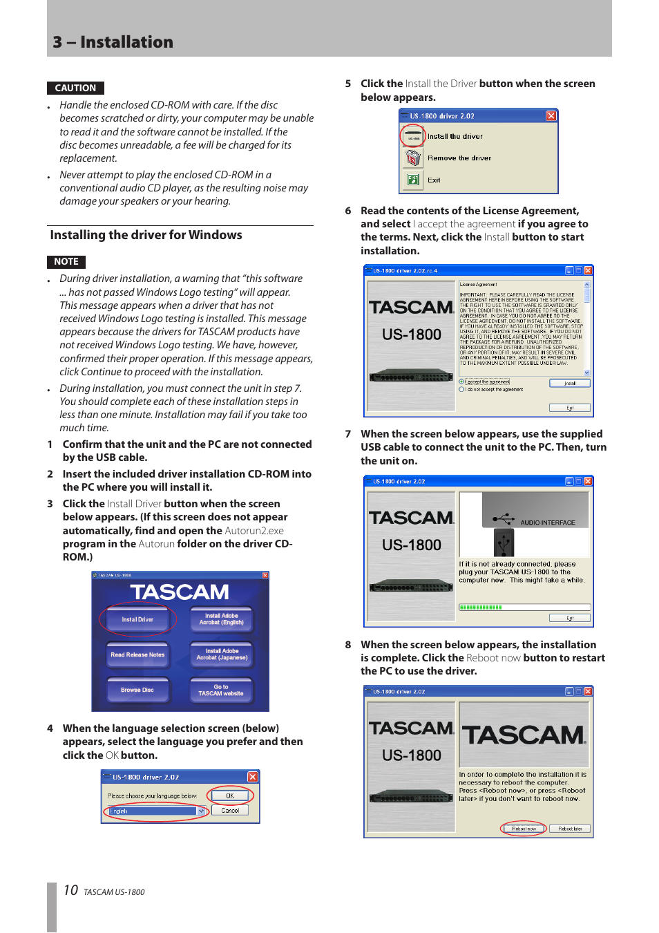 Installing the driver for windows, 3 − installation | Tascam US-1800 User Manual | Page 10 / 24