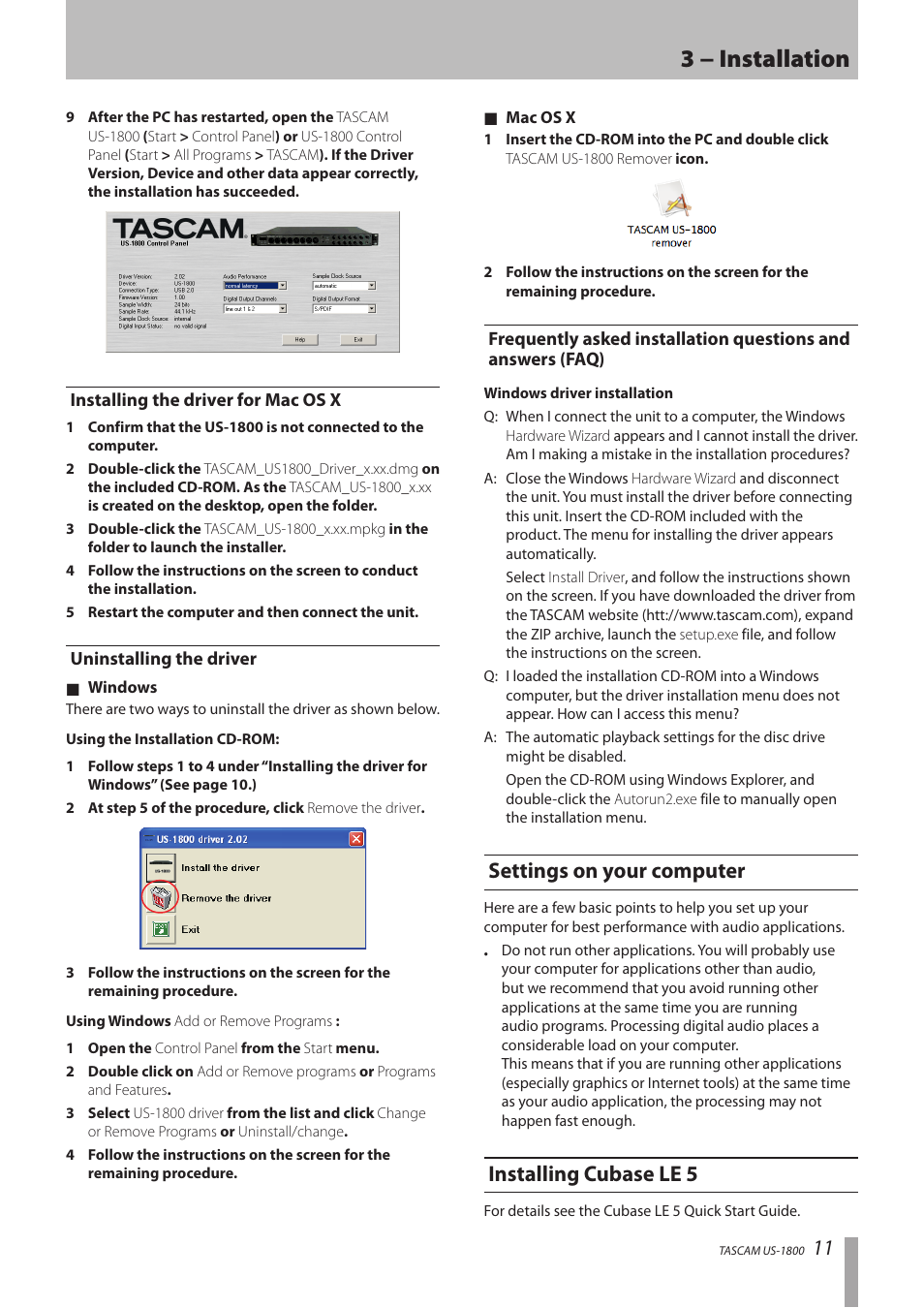 Installing the driver for mac os x, Uninstalling the driver, Settings on your computer | Installing cubase le 5, Settings on your computer installing cubase le 5, 3 − installation | Tascam US-1800 User Manual | Page 11 / 24