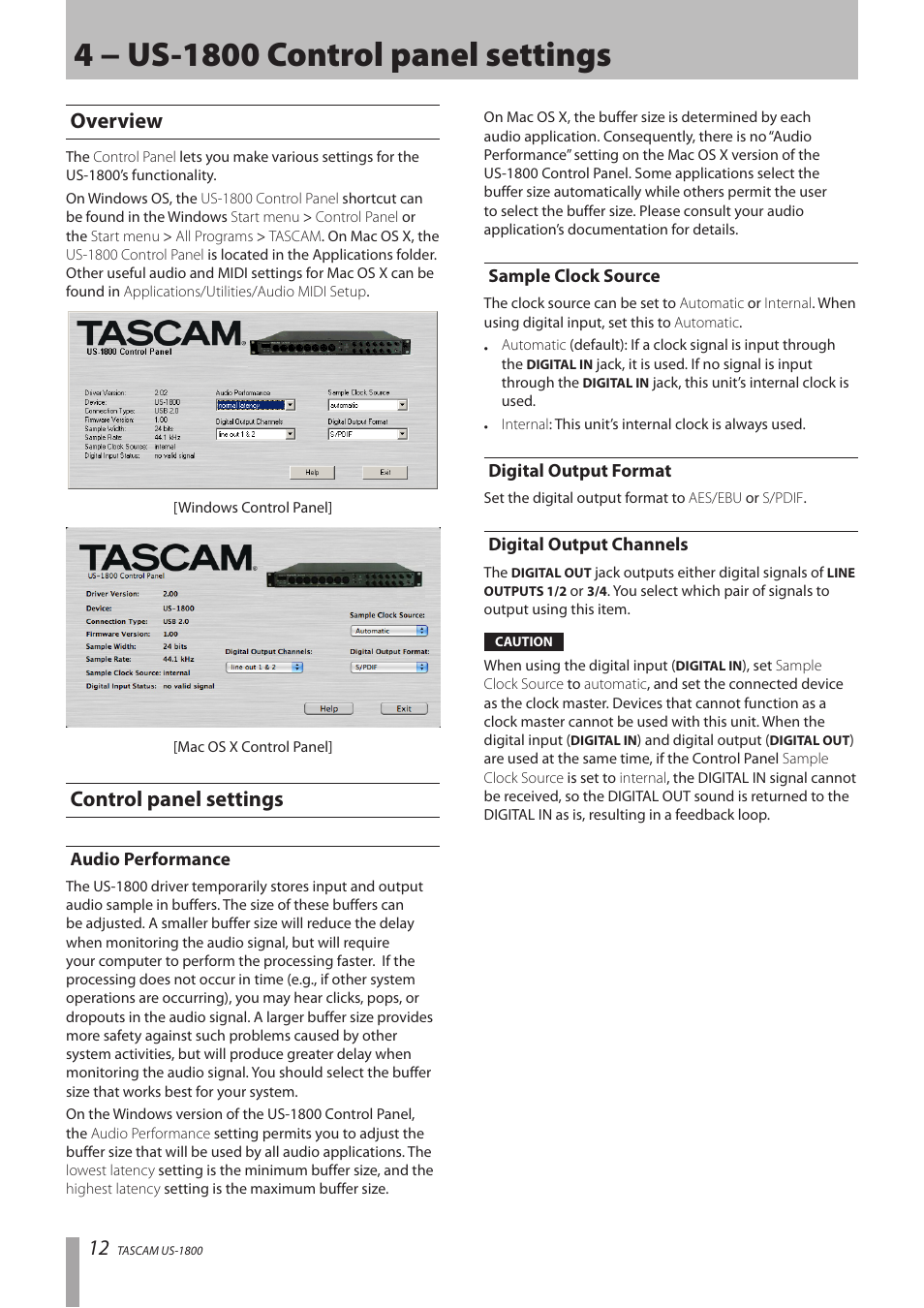 4 − us-1800 control panel settings, Overview, Control panel settings | Audio performance, Sample clock source, Digital output format, Digital output chanels, Overview control panel settings | Tascam US-1800 User Manual | Page 12 / 24