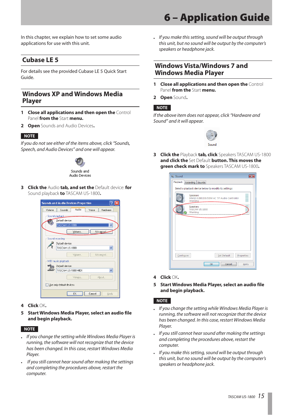 6 – application guide, Cubase le 5, Windows xp and windows media player | Windows vista/windows 7 and windows media player, Cubase le 5 windows xp and windows media player | Tascam US-1800 User Manual | Page 15 / 24