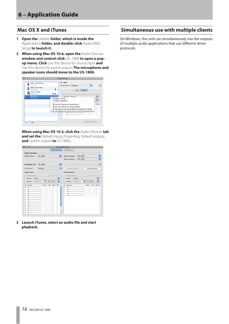 Mac os x and itunes, Simultaneous use with multiple clients, 6 – application guide | Tascam US-1800 User Manual | Page 16 / 24