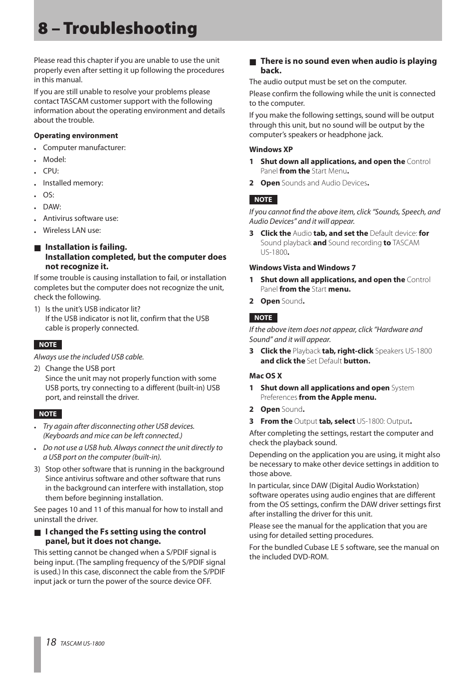 8 – troubleshooting | Tascam US-1800 User Manual | Page 18 / 24