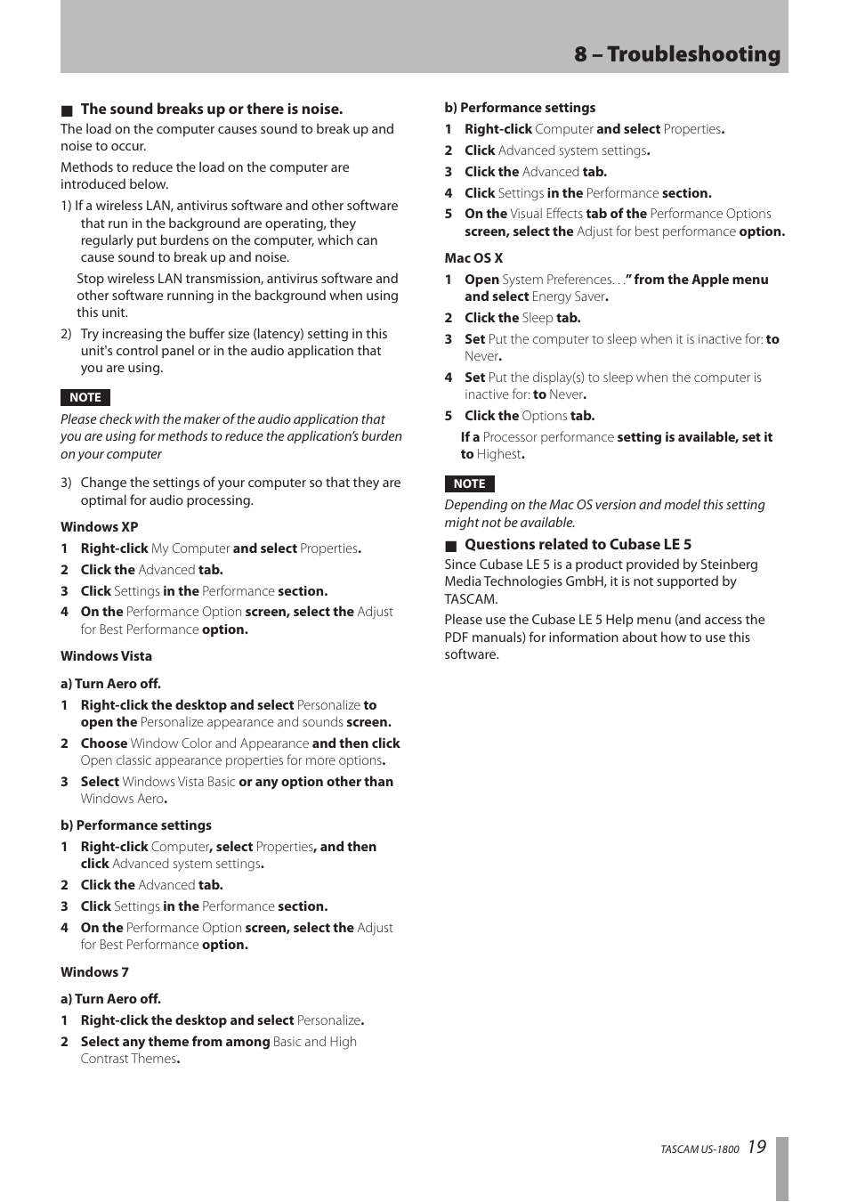 8 – troubleshooting | Tascam US-1800 User Manual | Page 19 / 24