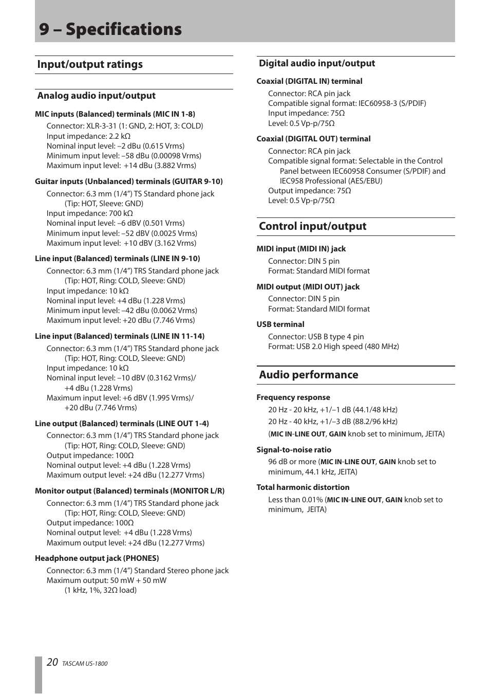 9 – specifications, Input/output ratings, Analog audio input/output | Digital audio input/output, Control input/output, Audio performance, Computer requirements, Windows | Tascam US-1800 User Manual | Page 20 / 24