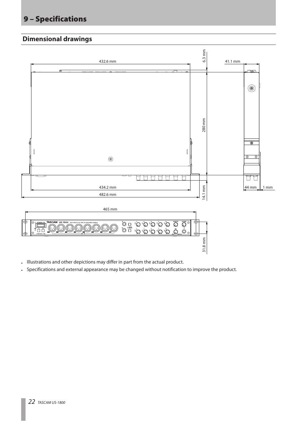 Dimensional drawings, 9 – specifications | Tascam US-1800 User Manual | Page 22 / 24