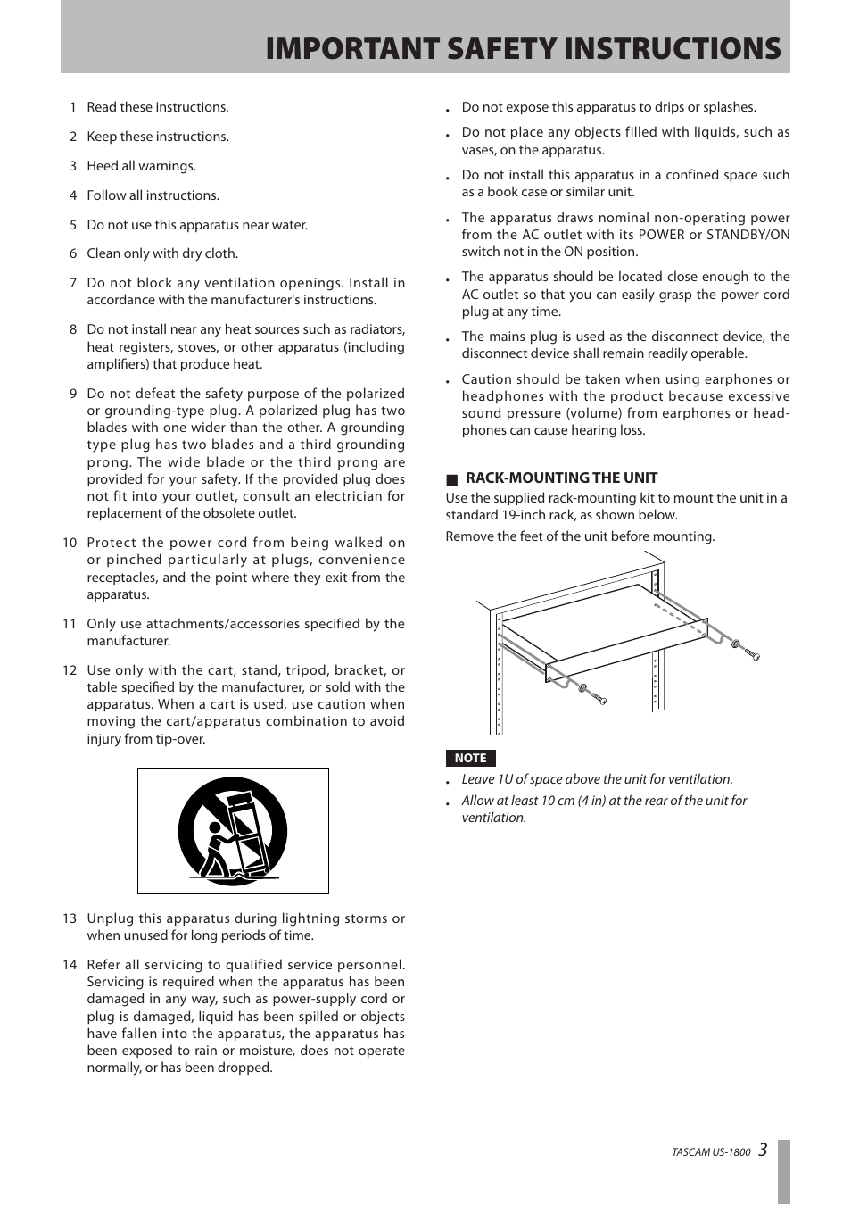 Important safety instructions | Tascam US-1800 User Manual | Page 3 / 24