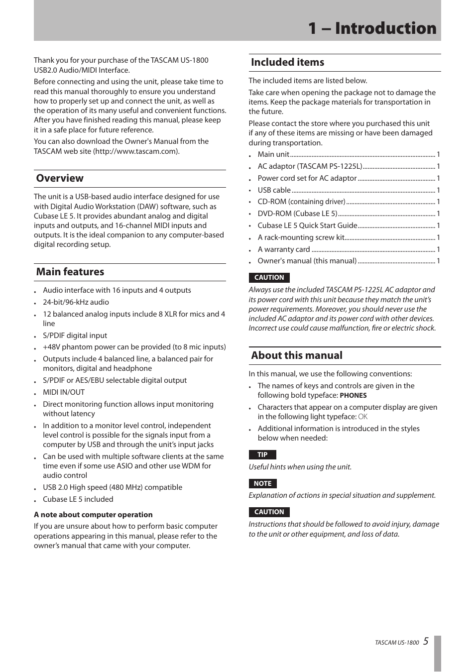 1 − introduction, Overview, Main features | Included items, About this manual | Tascam US-1800 User Manual | Page 5 / 24