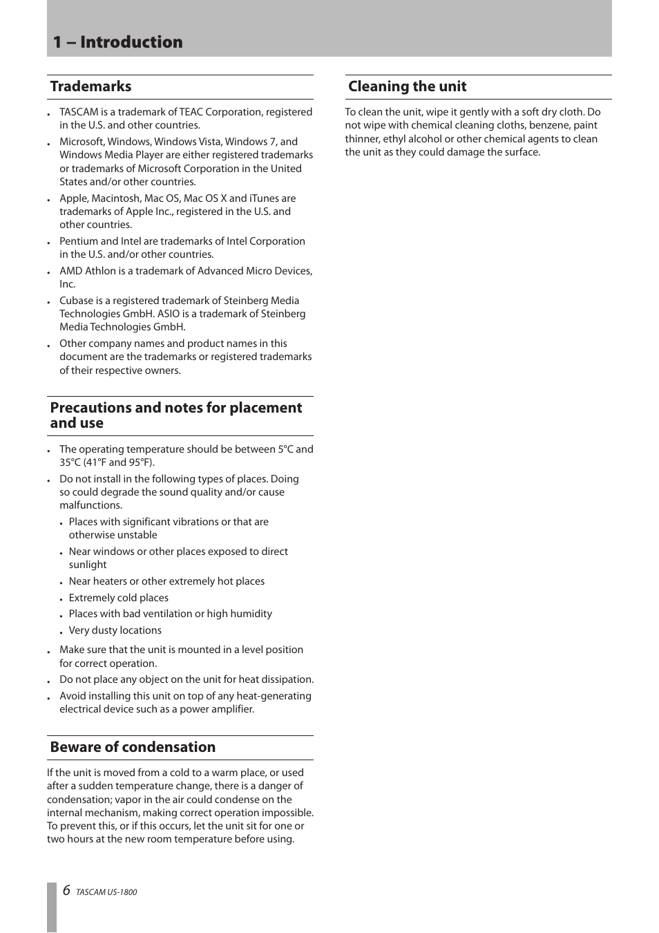 Trademarks, Precautions and notes for placement and use, Beware of condensation | Cleaning the unit, 1 − introduction | Tascam US-1800 User Manual | Page 6 / 24