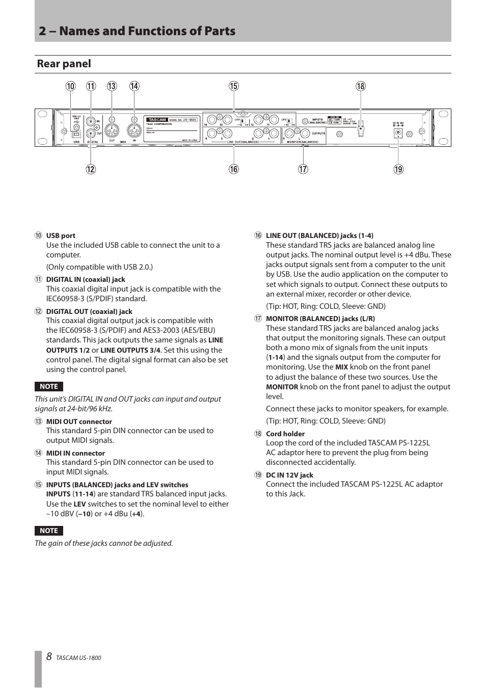 Rear panel, 2 − names and functions of parts | Tascam US-1800 User Manual | Page 8 / 24