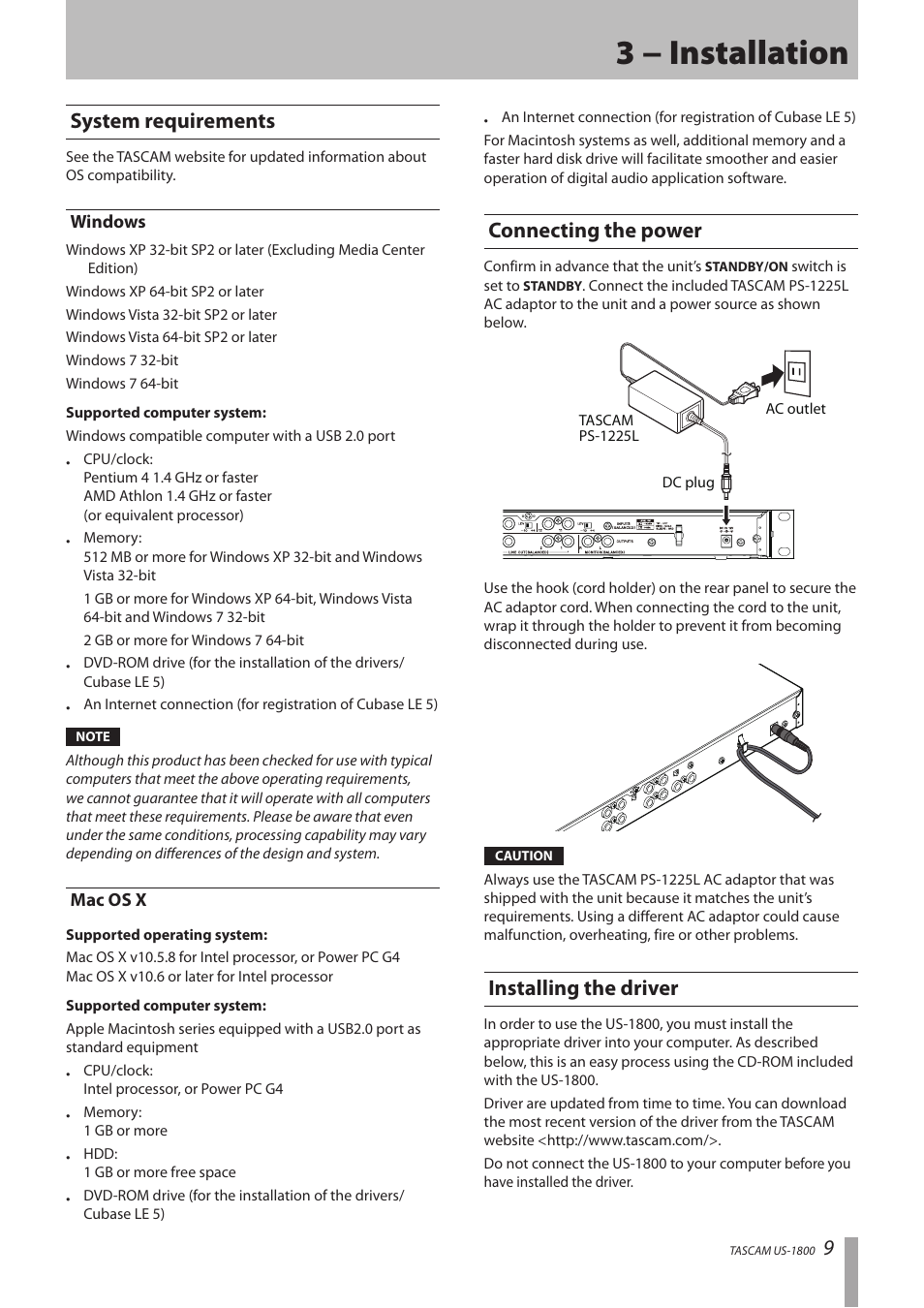 3 − installation, System requirements, Windows | Mac os x, Connecting the power, Installing the driver, Windows mac os x, Connecting the power installing the driver | Tascam US-1800 User Manual | Page 9 / 24