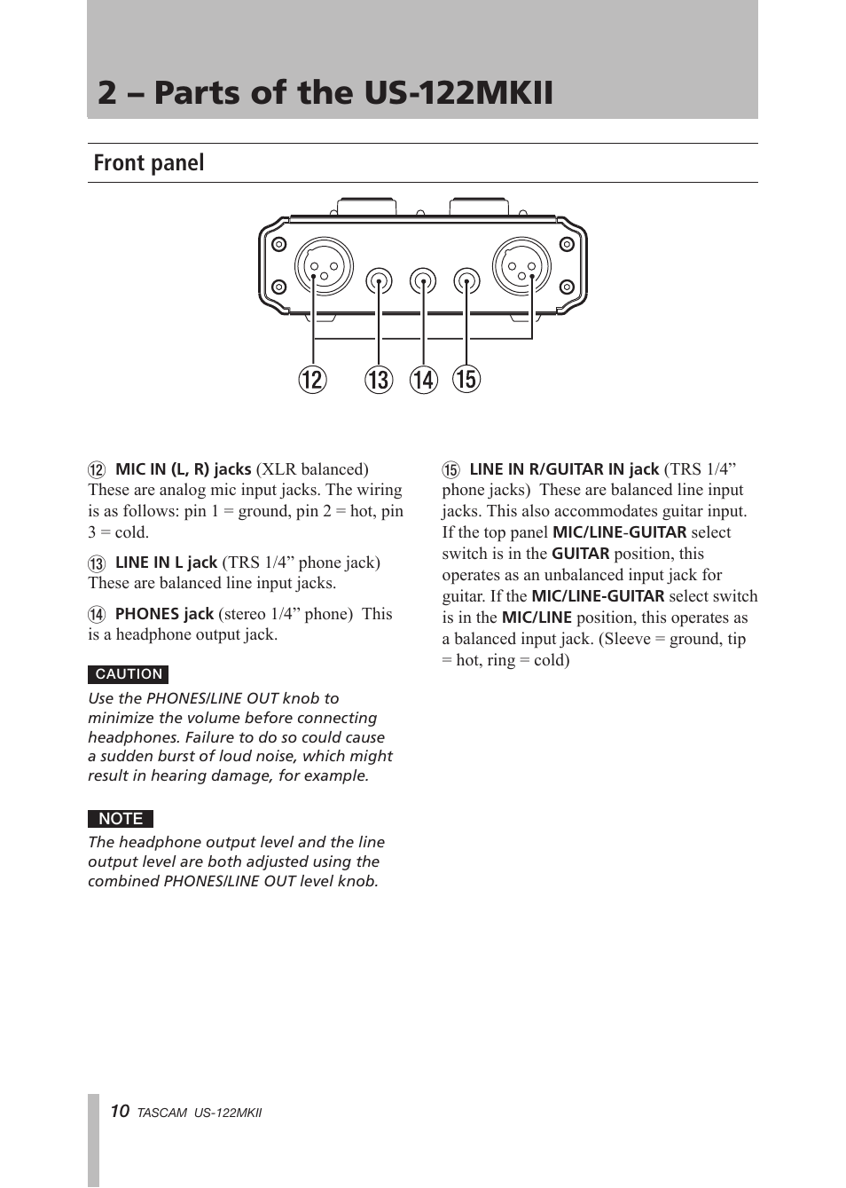 Front panel, 2 – parts of the us-122mkii | Tascam US-122MKII User Manual | Page 10 / 32