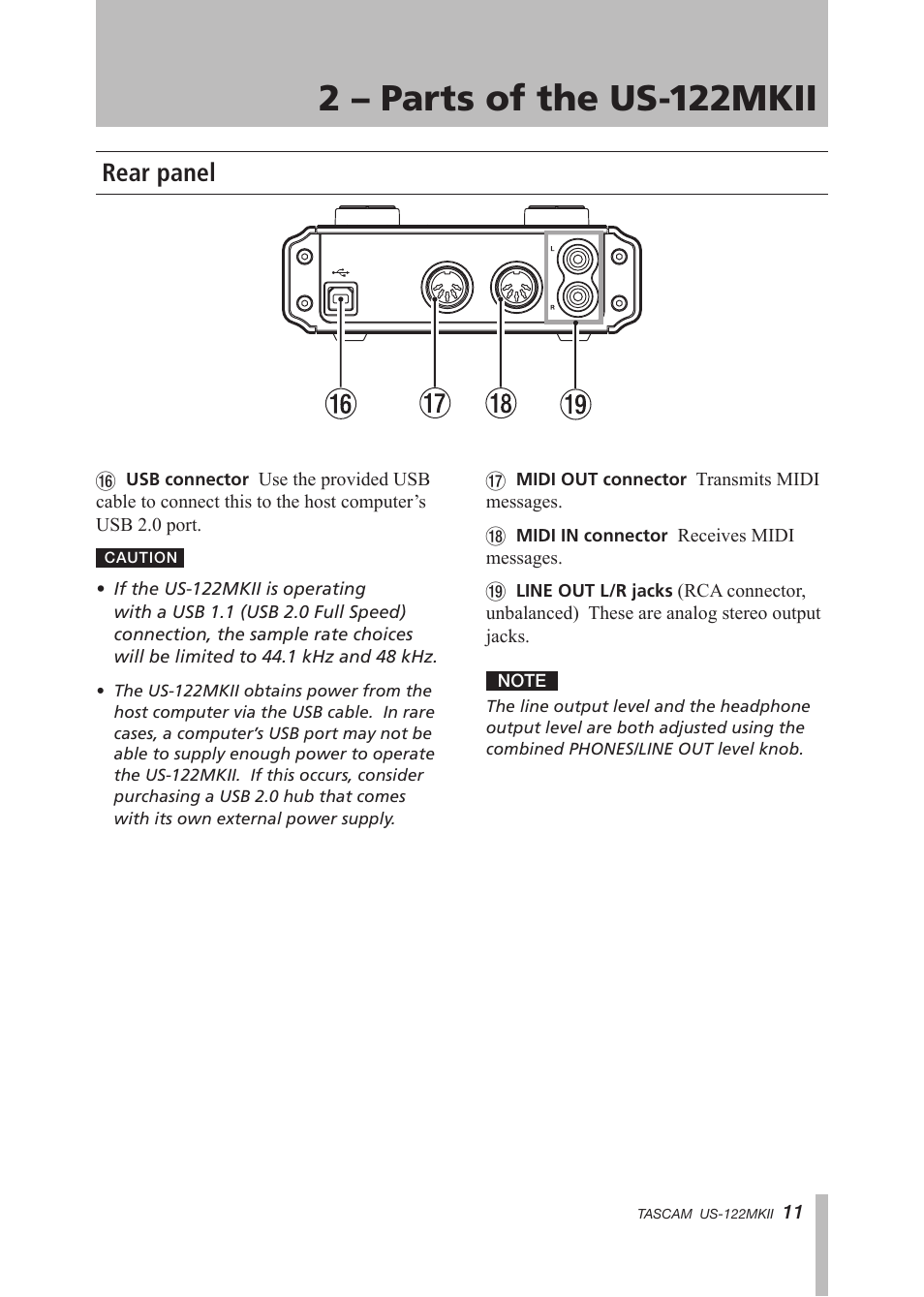 Rear panel, 2 – parts of the us-122mkii | Tascam US-122MKII User Manual | Page 11 / 32