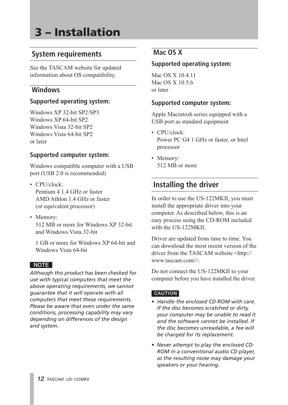 3 – installation, System requirements, Windows | Mac os x, Installing the driver, Windows mac os x | Tascam US-122MKII User Manual | Page 12 / 32