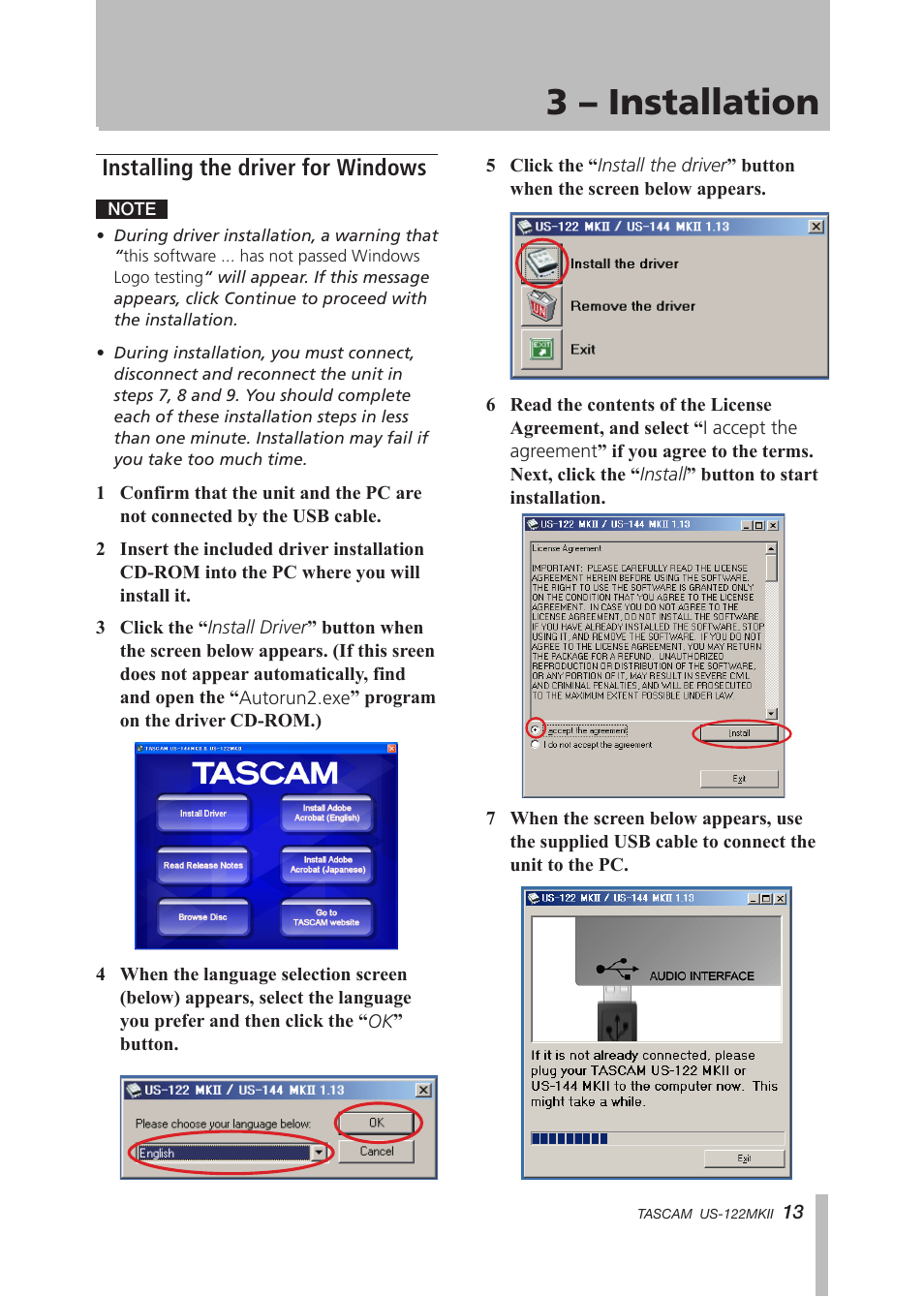 Installing the driver for windows, 3 – installation | Tascam US-122MKII User Manual | Page 13 / 32