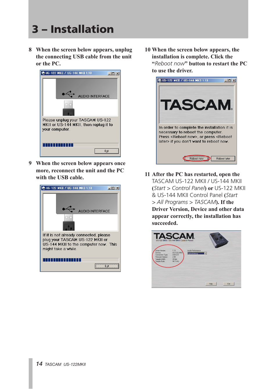 3 – installation | Tascam US-122MKII User Manual | Page 14 / 32
