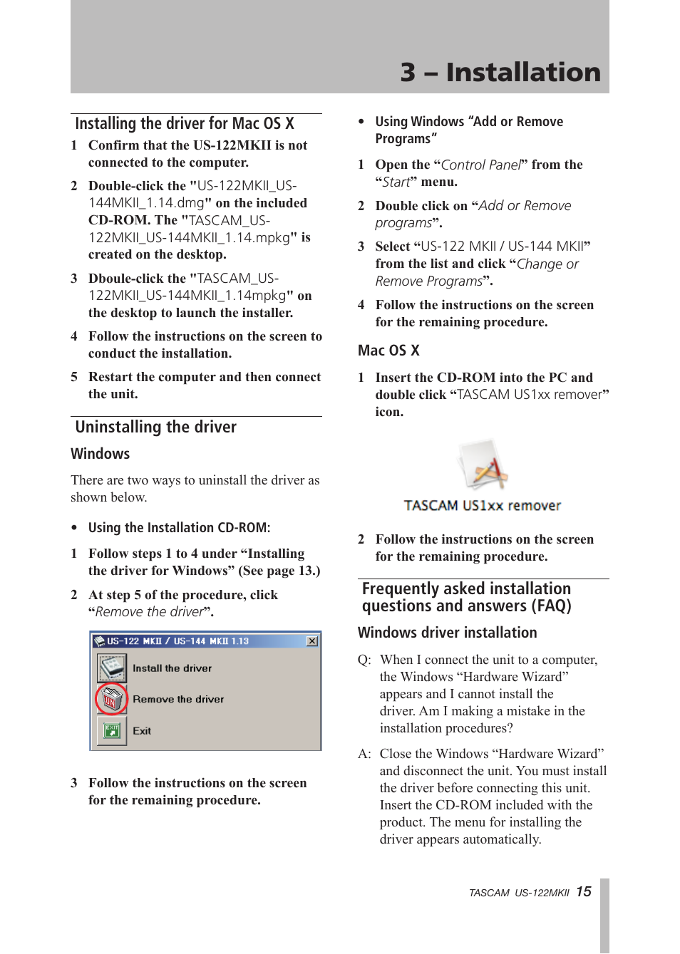 Installing the driver for mac os x, Uninstalling the driver, 3 – installation | Tascam US-122MKII User Manual | Page 15 / 32