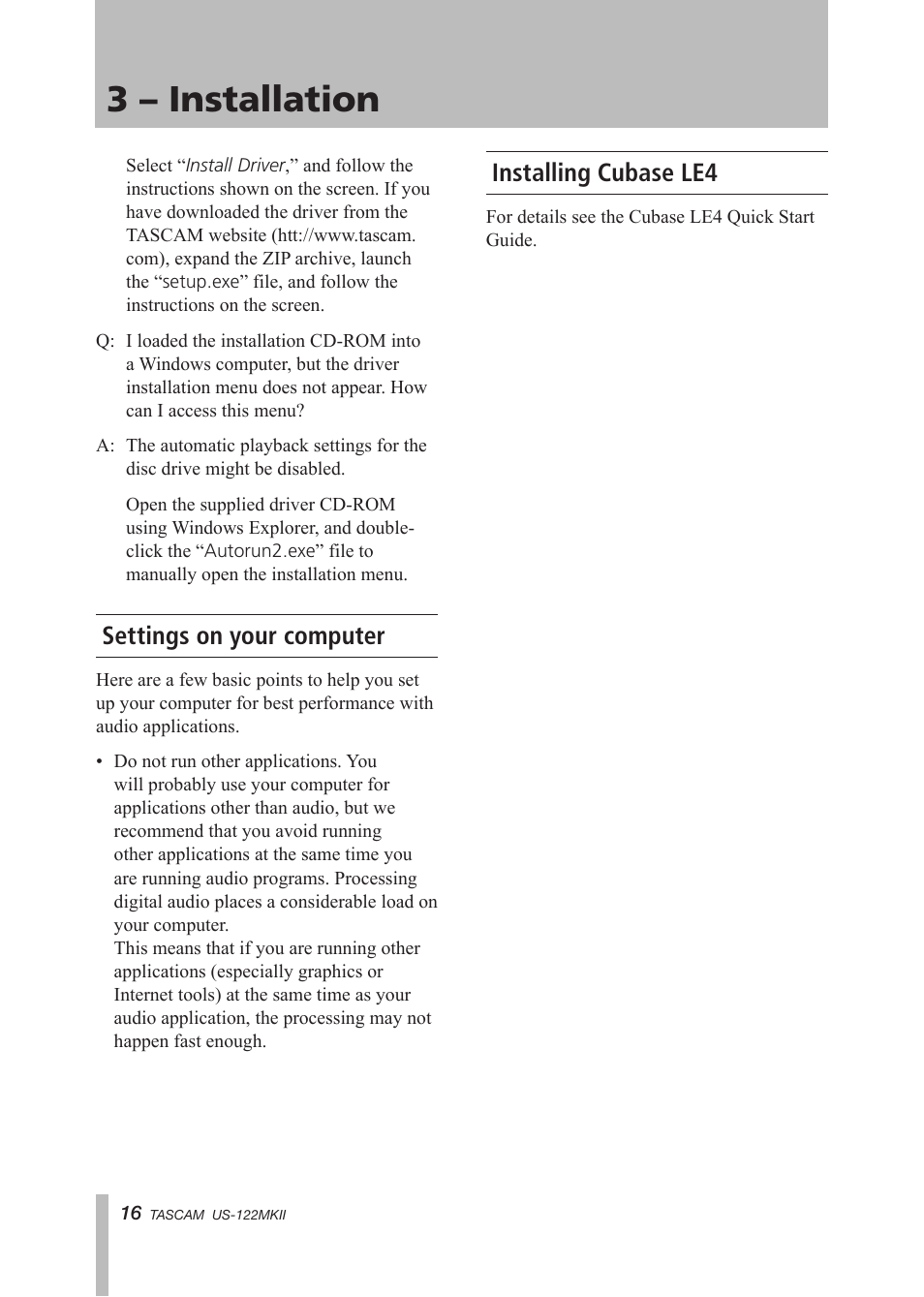 Settings on your computer, Installing cubase le4, Settings on your computer installing cubase le4 | 3 – installation | Tascam US-122MKII User Manual | Page 16 / 32