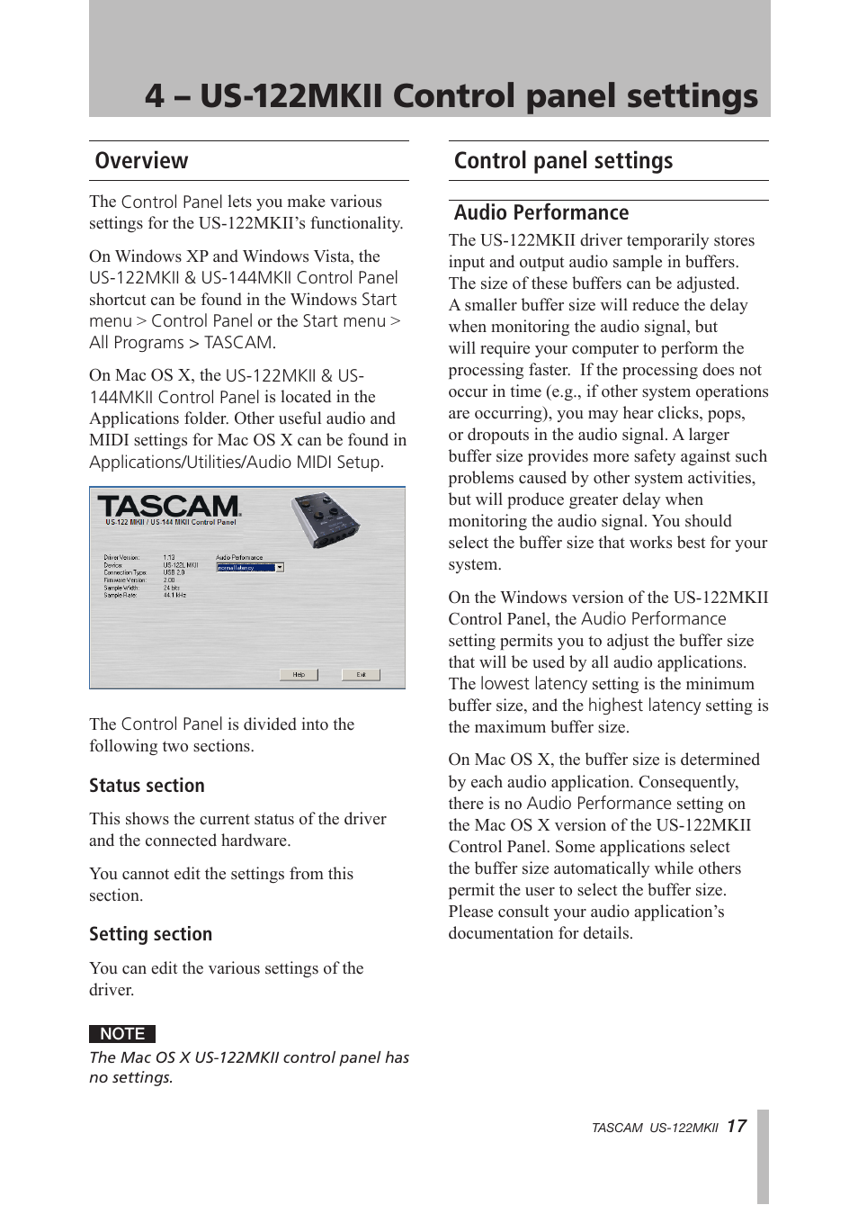 4 – us-122 mkii control panel settings, Overview, Control panel settings | Audio performance, 4 – us-122mkii control panel, Settings, Overview control panel settings | Tascam US-122MKII User Manual | Page 17 / 32