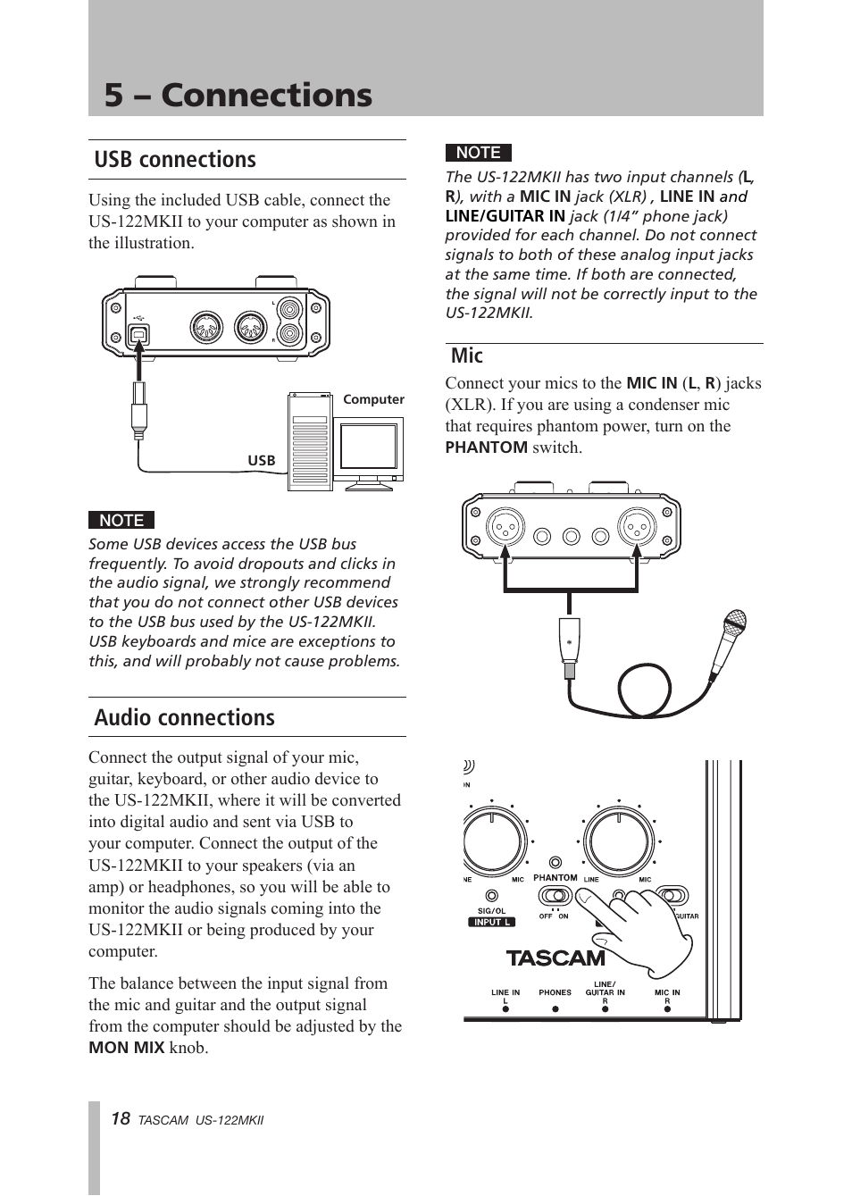 5 – connections, Usb connections, Audio connections | Usb connections audio connections | Tascam US-122MKII User Manual | Page 18 / 32
