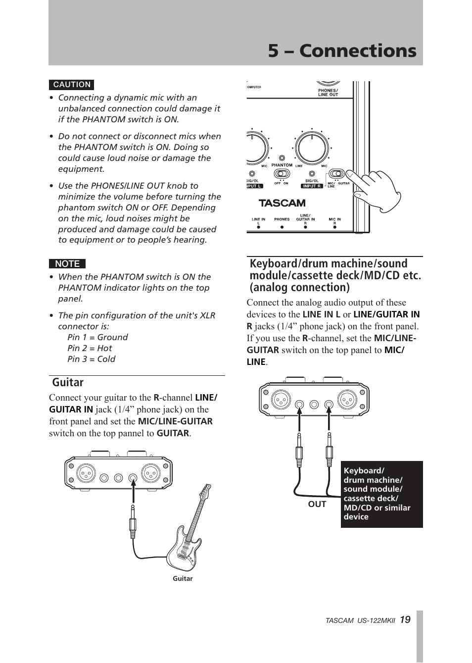 Guitar, Guitar keyboard/drum machine/sound, 5 – connections | Tascam US-122MKII User Manual | Page 19 / 32