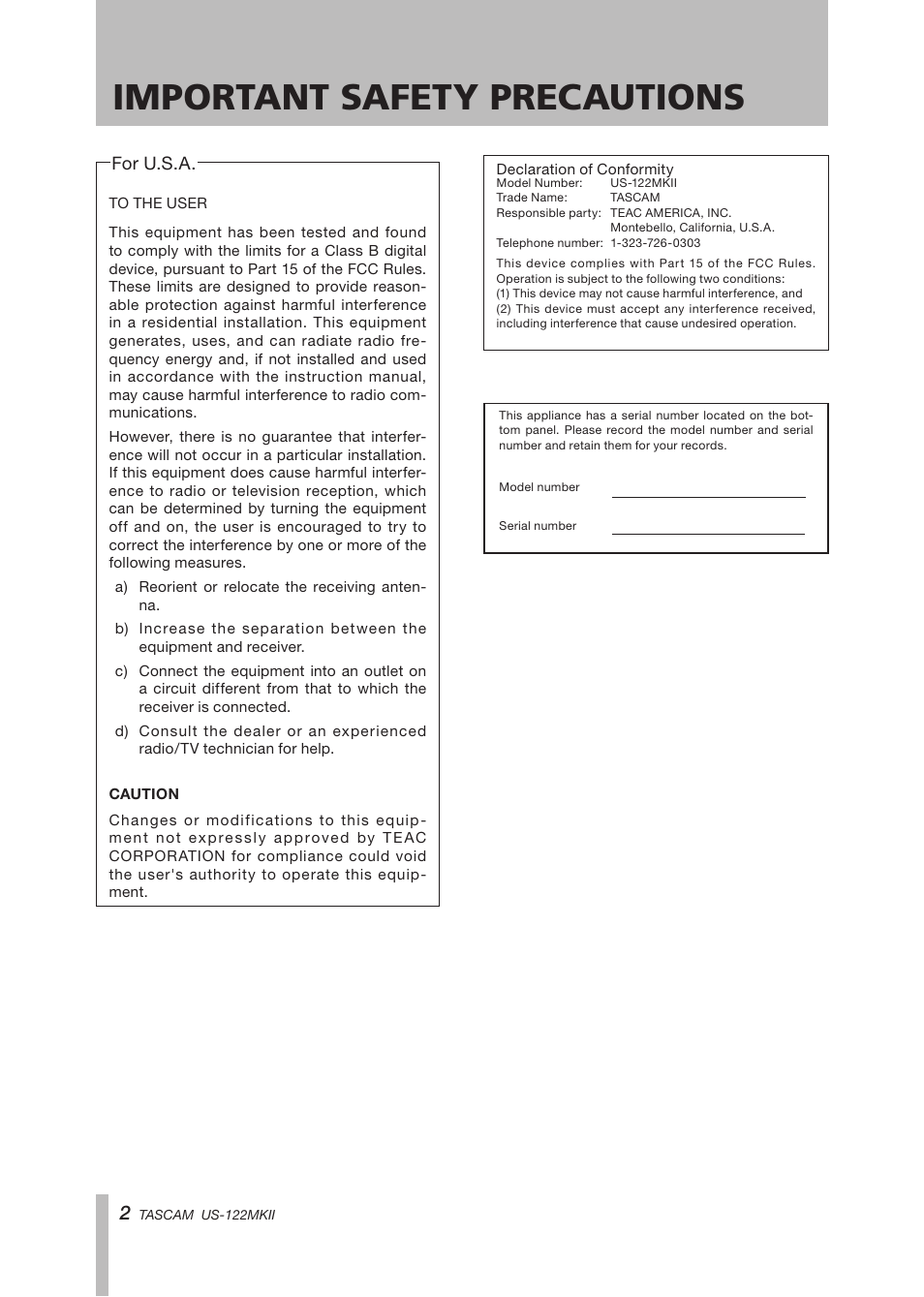 Important safety precautions | Tascam US-122MKII User Manual | Page 2 / 32